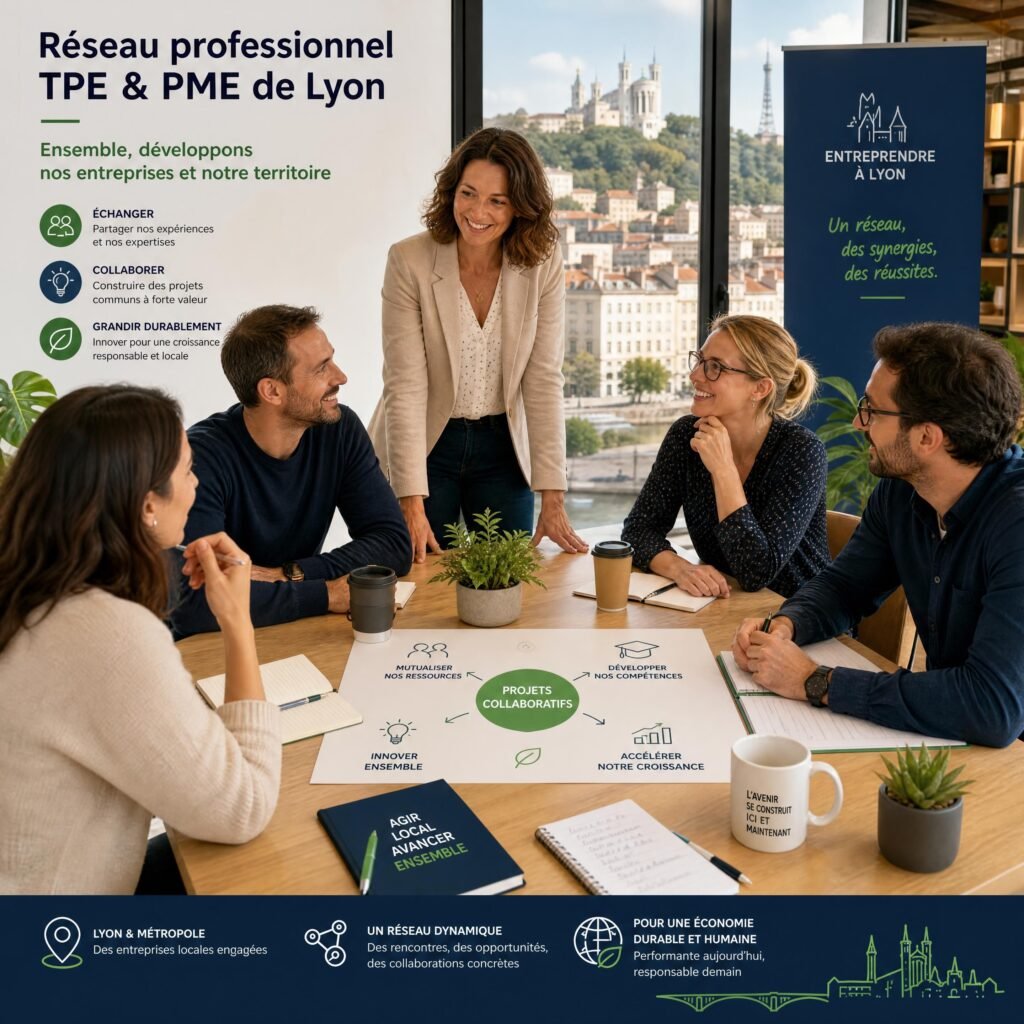 Une réunion d'un réseau professionnel de TPE et PME locales à Lyon, discutant de projets collaboratifs et de croissance durable