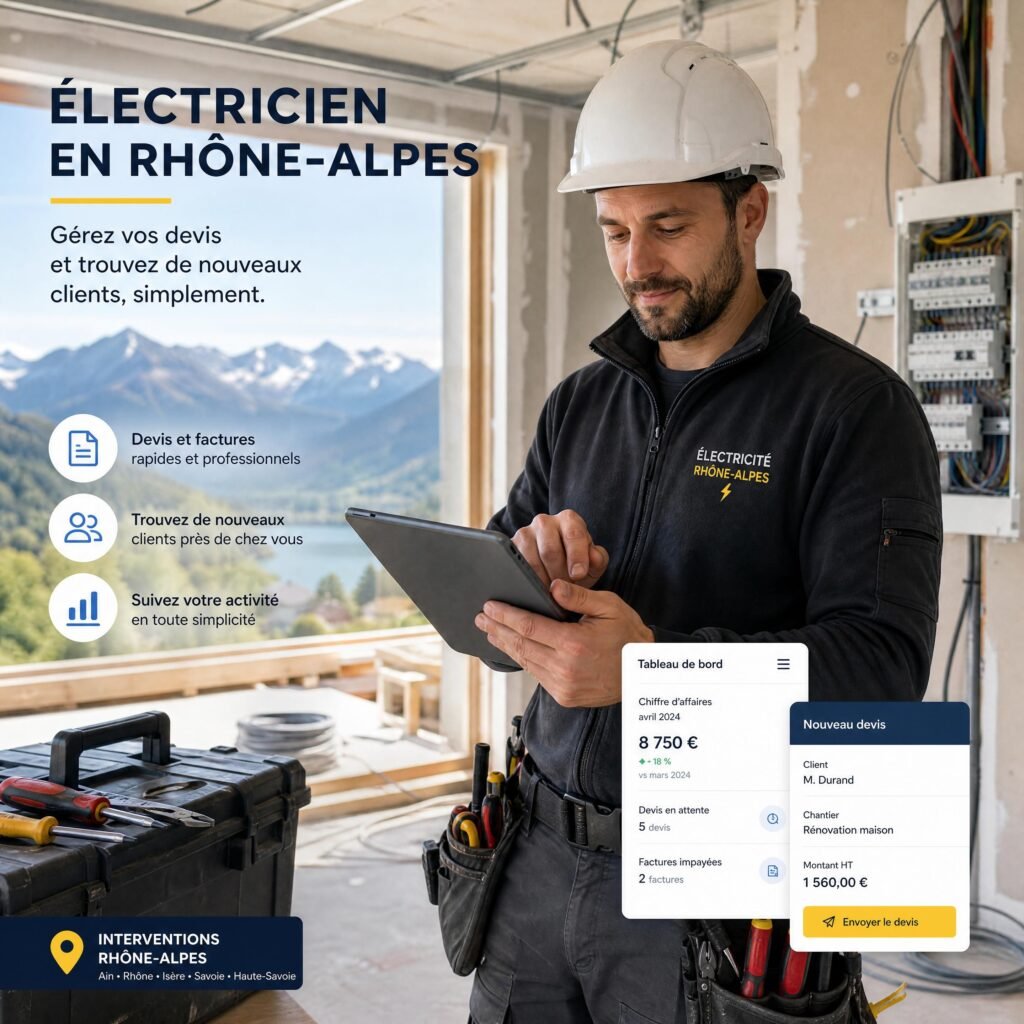 Un artisan électricien en Rhône-Alpes consultant sa tablette sur un chantier pour gérer ses devis et trouver des clients