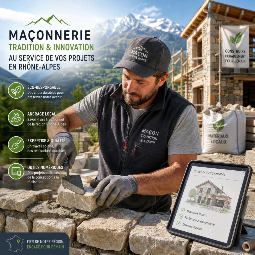 Un artisan maçon de la région Rhône-Alpes travaillant sur un chantier éco-responsable, symbolisant l'alliance de la tradition locale et de la modernité numérique