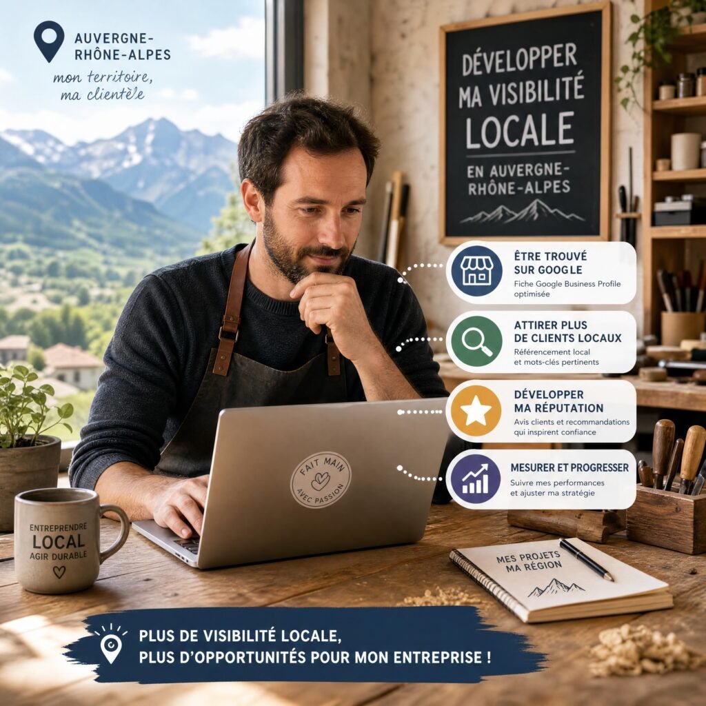 Artisan ou dirigeant de TPE travaillant sur sa visibilité locale depuis son atelier en Auvergne-Rhône-Alpes