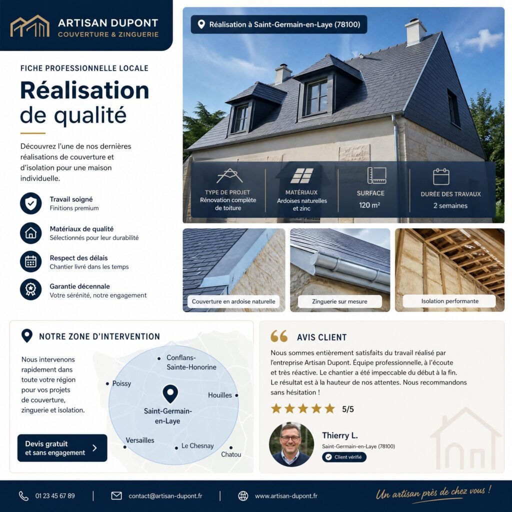 Exemple de fiche professionnelle locale présentant une réalisation d’artisan avec zone d’intervention et avis client