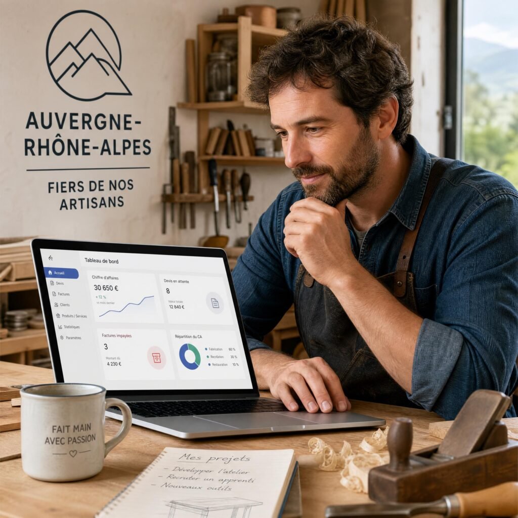 Artisan de la région Auvergne-Rhône-Alpes consultant son activité sur un ordinateur dans son atelier