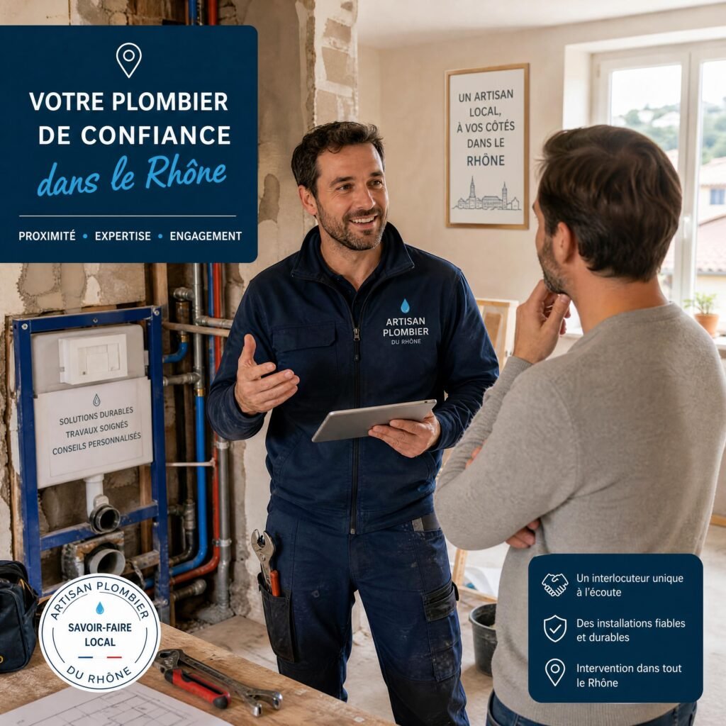 Artisan plombier du Rhône échangeant avec un client dans une maison en rénovation, ambiance professionnelle et locale