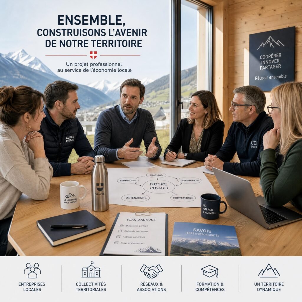 Réunion entre dirigeants d’une PME savoyarde et plusieurs partenaires locaux autour d’un projet professionnel