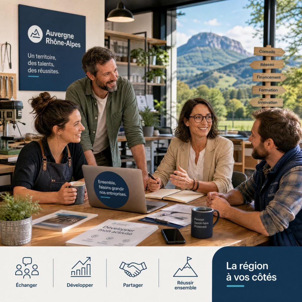Artisans et dirigeants de TPE échangent dans un espace de travail en Auvergne-Rhône-Alpes