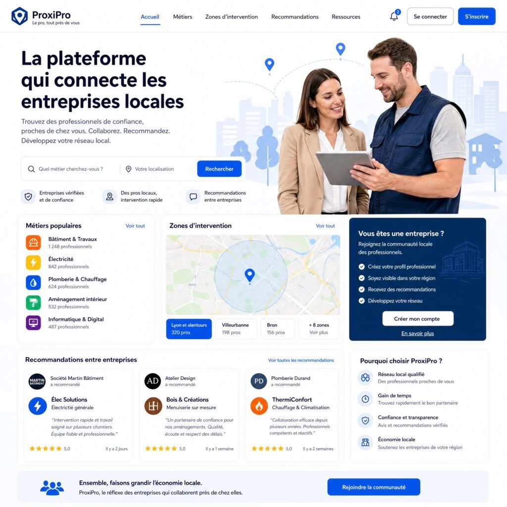Interface de plateforme professionnelle locale mettant en avant les métiers, zones d’intervention et recommandations entre entreprises