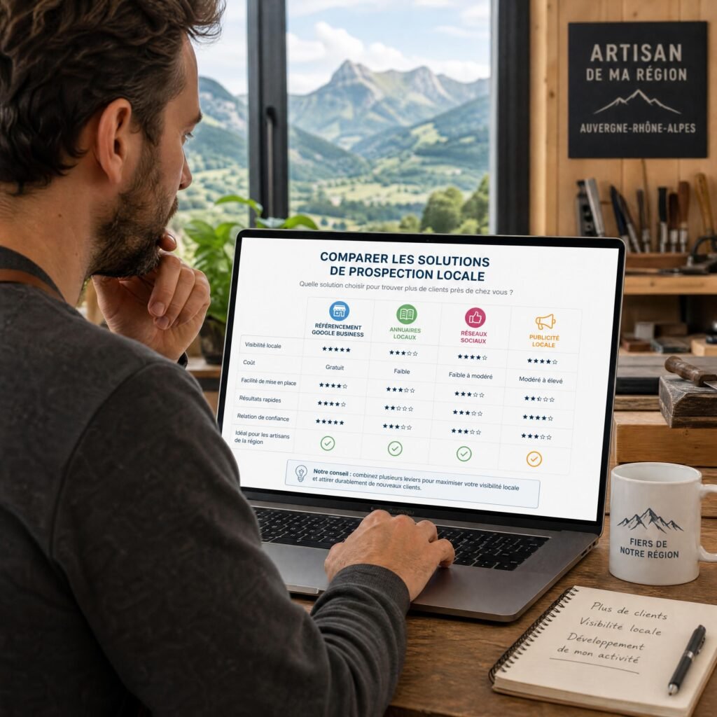 Artisan de la région Auvergne-Rhône-Alpes comparant plusieurs solutions de prospection locale sur son ordinateur