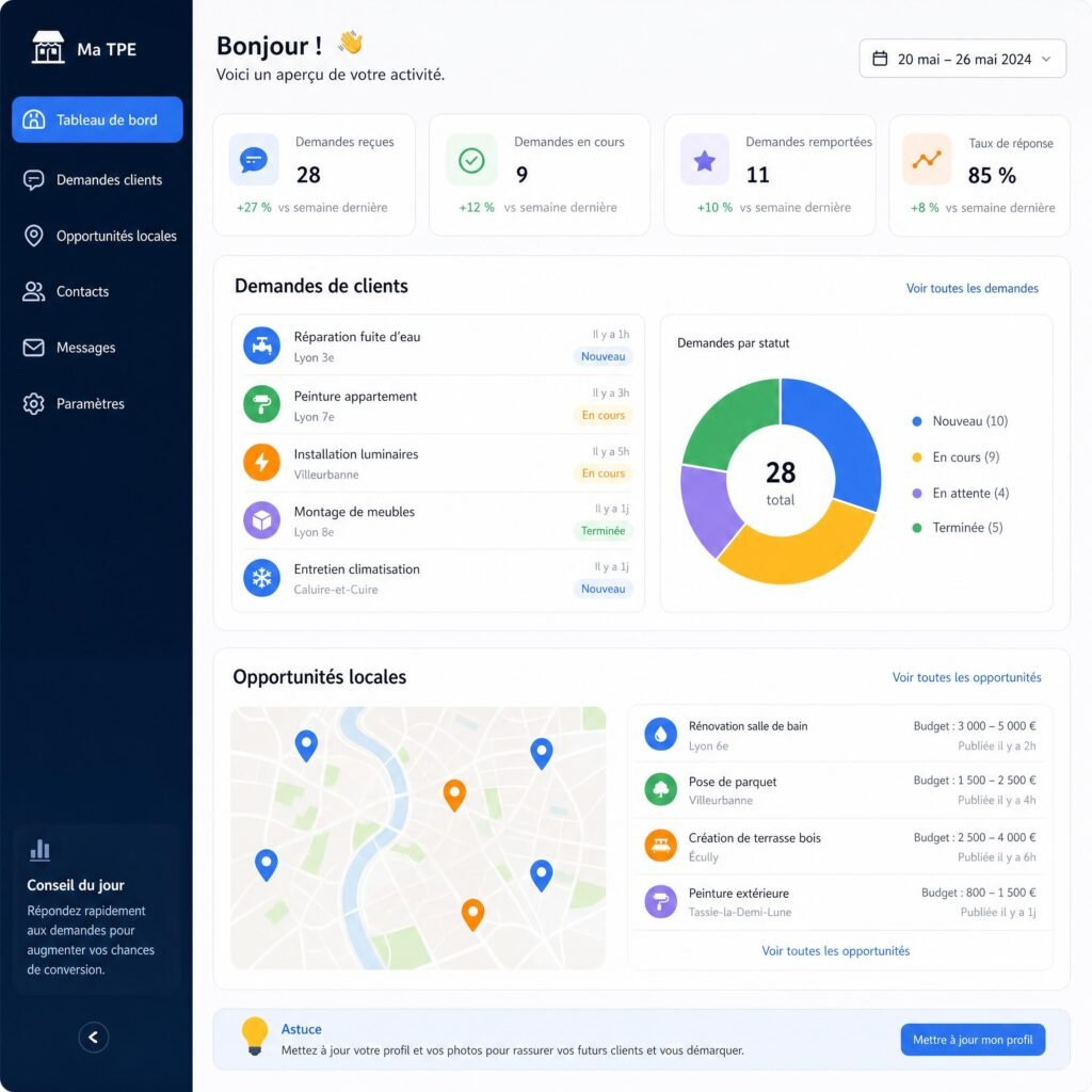 Tableau de bord simple montrant les demandes de clients et les opportunités locales d’une TPE