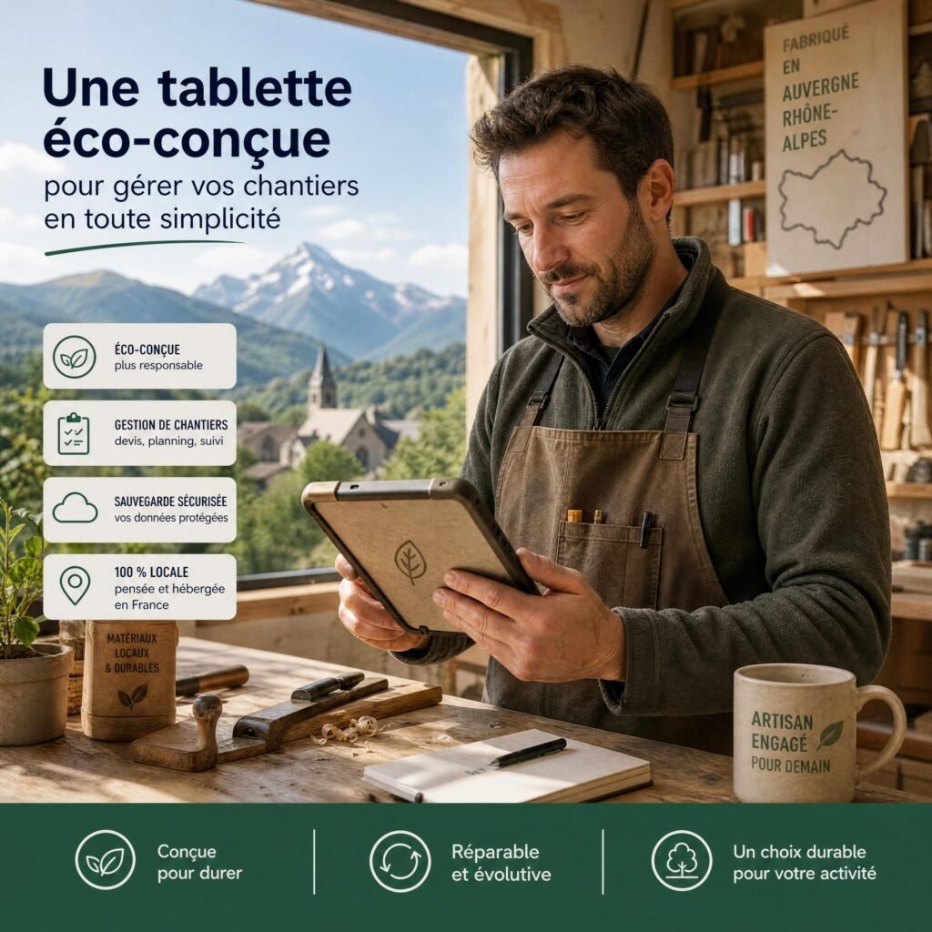 Artisan dans son atelier en Auvergne-Rhône-Alpes utilisant une tablette éco-conçue pour gérer ses chantiers