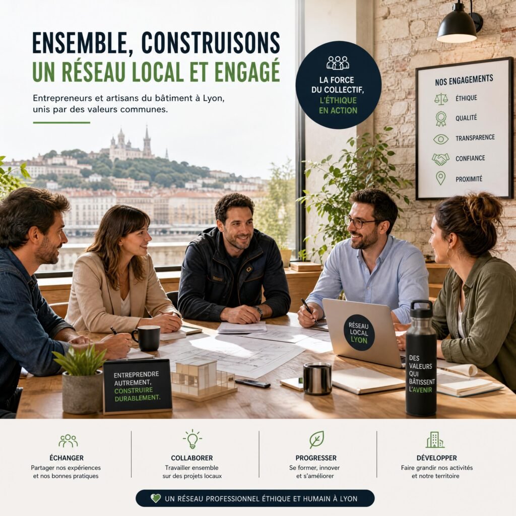 Réunion collaborative entre entrepreneurs locaux et artisans du bâtiment à Lyon pour un réseau professionnel éthique