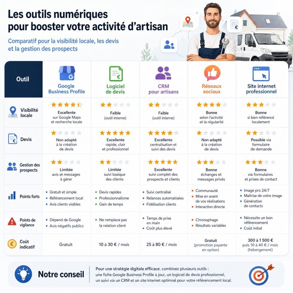 Tableau comparatif des outils numériques utilisés par un artisan pour la visibilité locale, les devis et la gestion des prospects