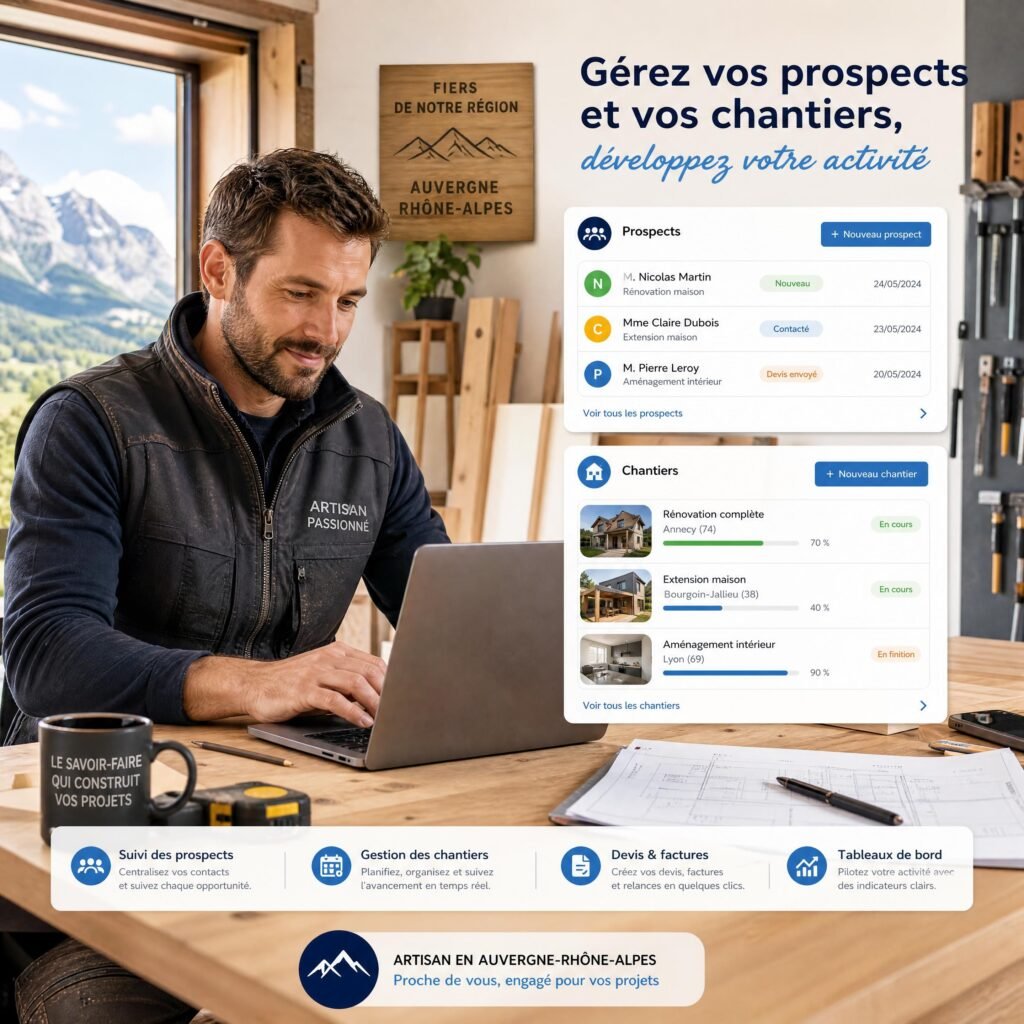 Artisan de la région Auvergne-Rhône-Alpes utilisant un ordinateur portable pour gérer ses prospects et ses chantiers