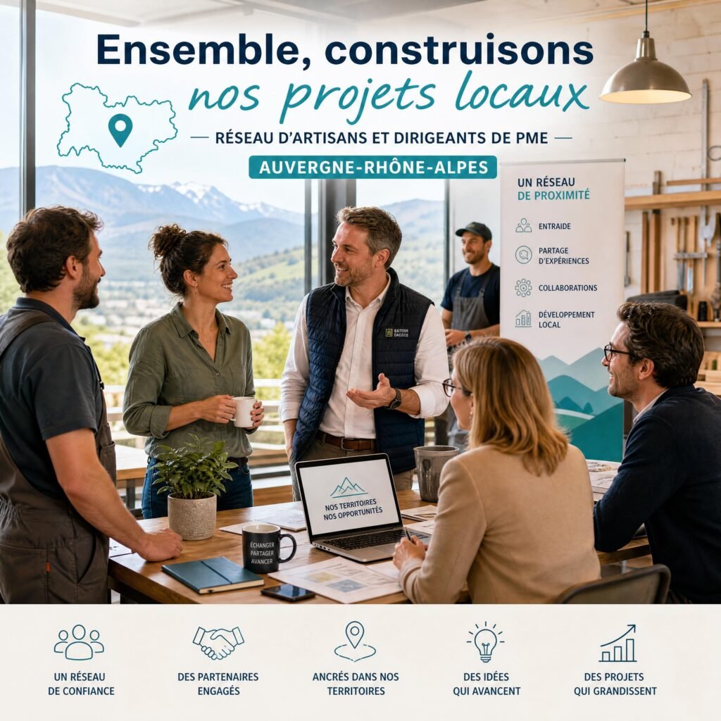 Réseau d’artisans et dirigeants de PME échangeant autour de projets locaux en Auvergne-Rhône-Alpes