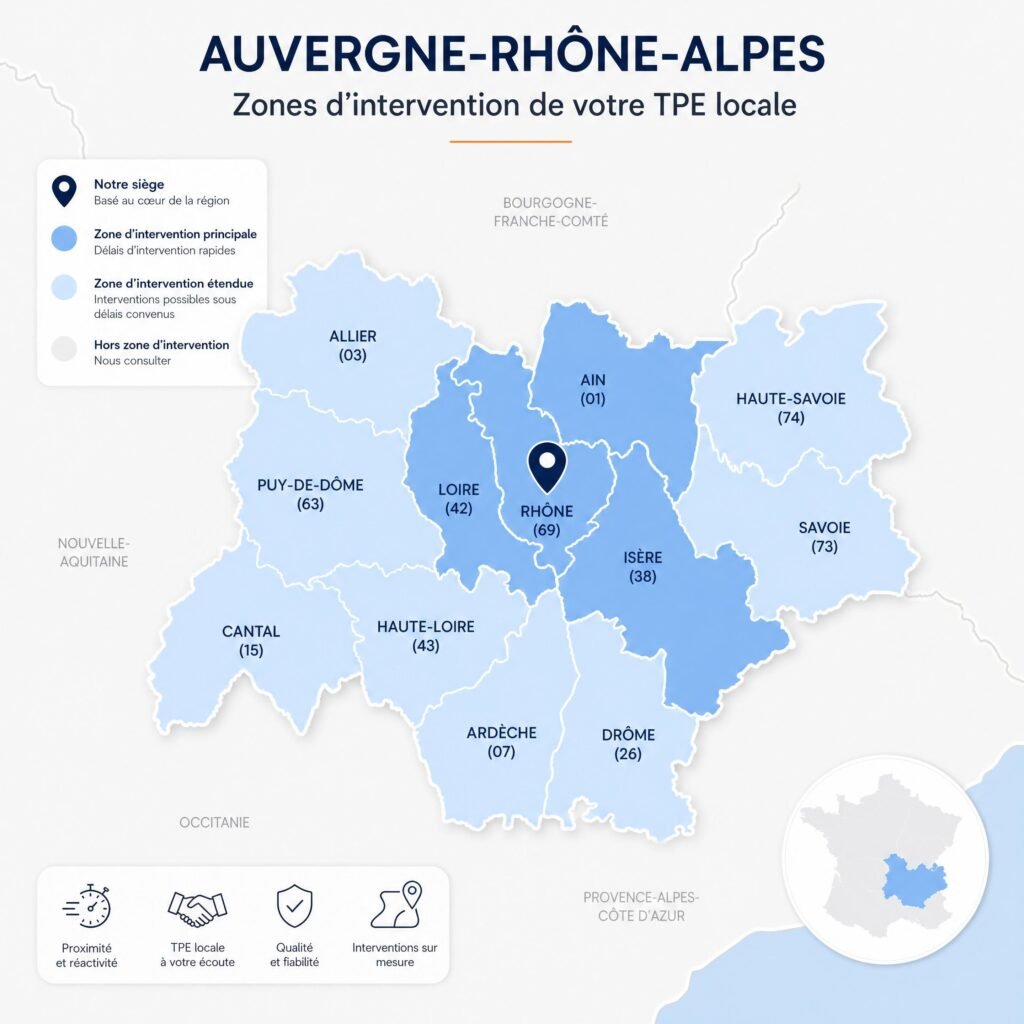 Carte de la région Auvergne-Rhône-Alpes montrant les zones d’intervention d’une TPE locale