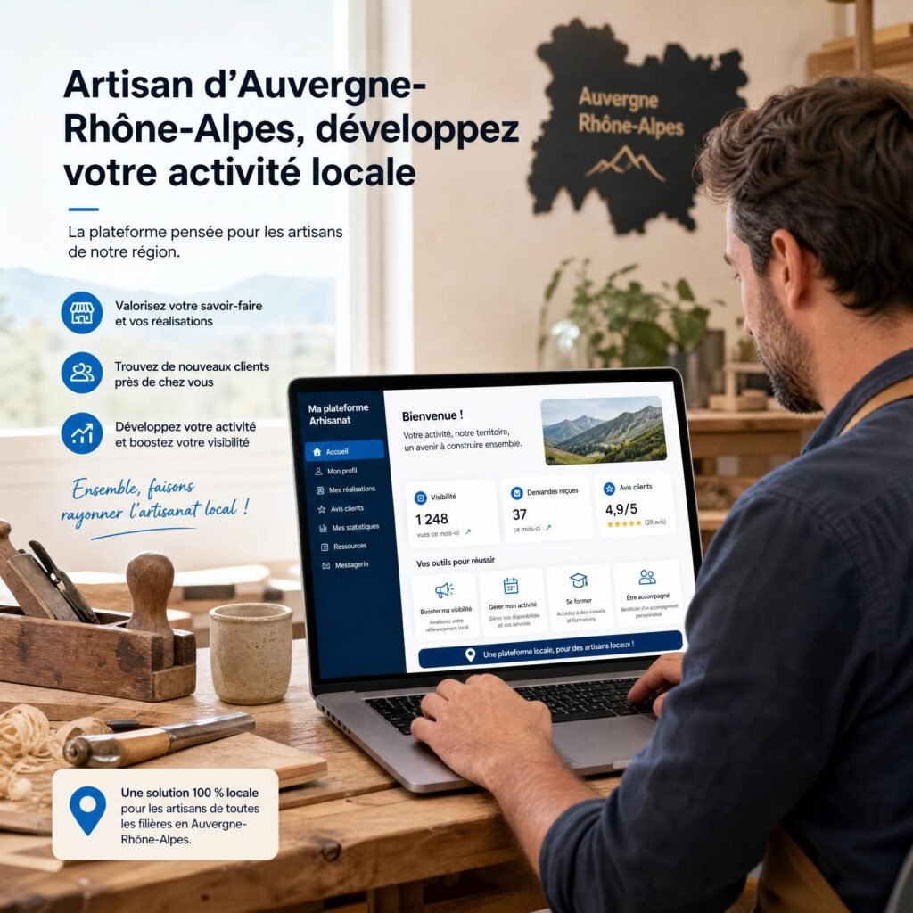 Artisan d’Auvergne-Rhône-Alpes consultant une plateforme numérique pour développer son activité locale