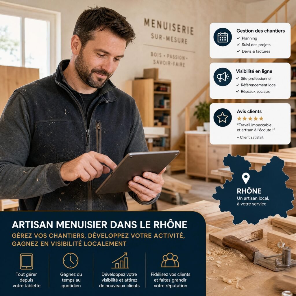 Artisan menuisier dans le Rhône utilisant une tablette numérique pour gérer ses chantiers locaux et sa visibilité en ligne