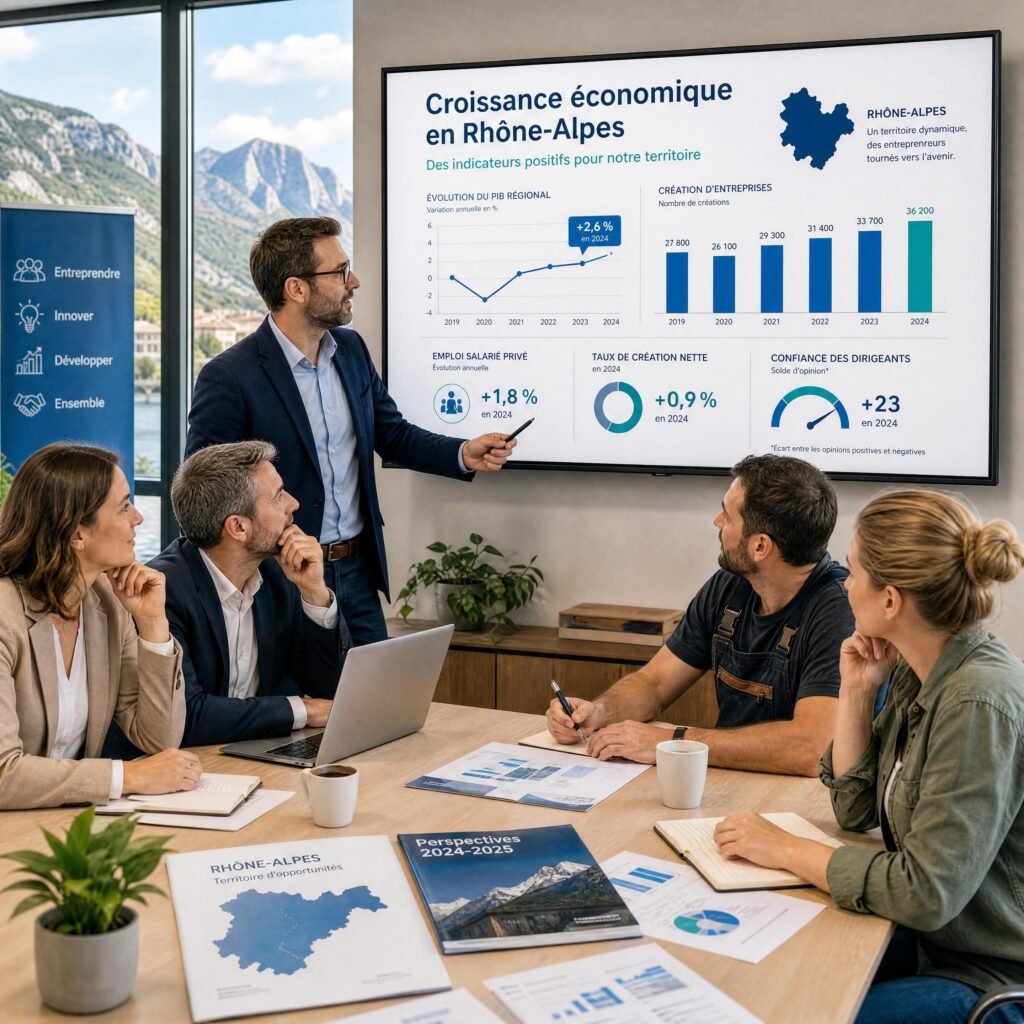 Réunion de chefs d'entreprise et d'artisans analysant des indicateurs de croissance économique en Rhône-Alpes