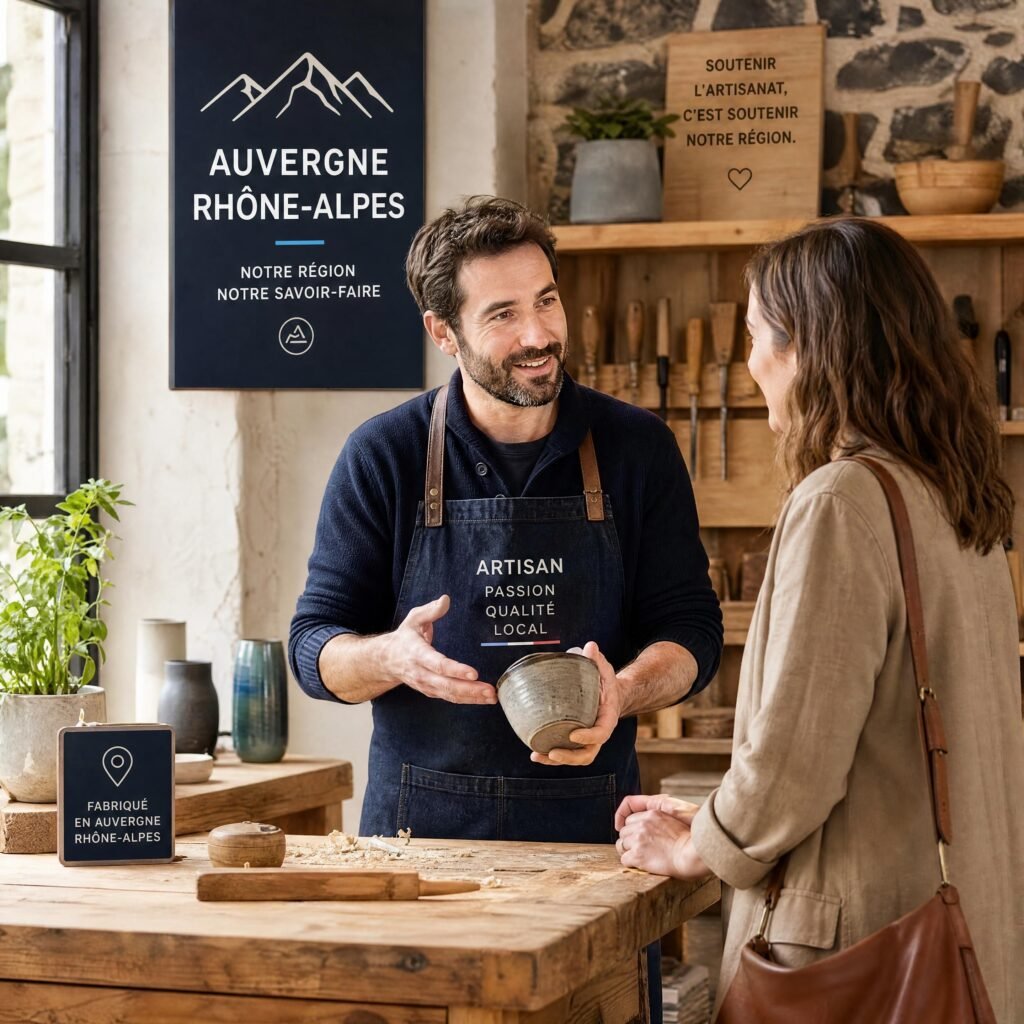 Artisan de la région Auvergne-Rhône-Alpes échangeant avec un client dans son atelier