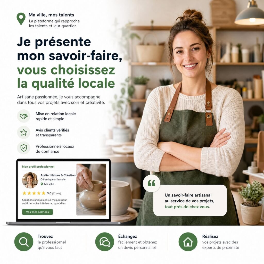 Professionnelle artisanale présentant ses services sur une plateforme de mise en relation locale