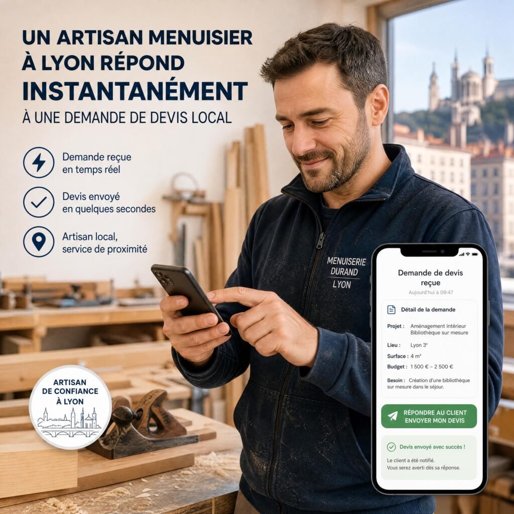 Un artisan menuisier de Lyon utilisant une application mobile pour répondre instantanément à une demande de devis local