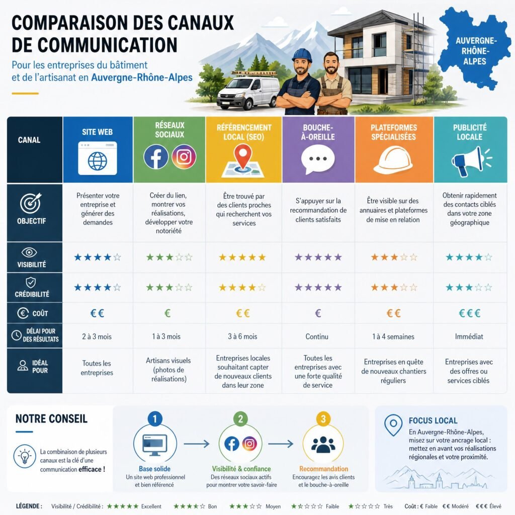 Comparaison visuelle entre les différents canaux de communication pour les entreprises du bâtiment et de l'artisanat en Auvergne-Rhône-Alpes