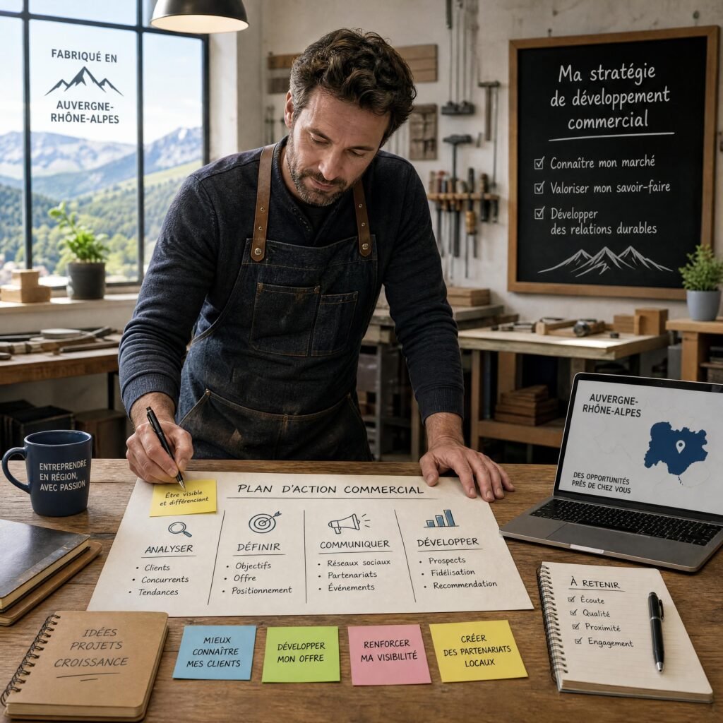 Artisan ou dirigeant de TPE préparant sa stratégie de développement commercial dans un atelier en Auvergne-Rhône-Alpes