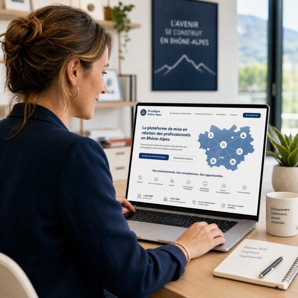 Dirigeante de PME locale consultant sur ordinateur une plateforme de mise en relation entre professionnels de Rhône-Alpes