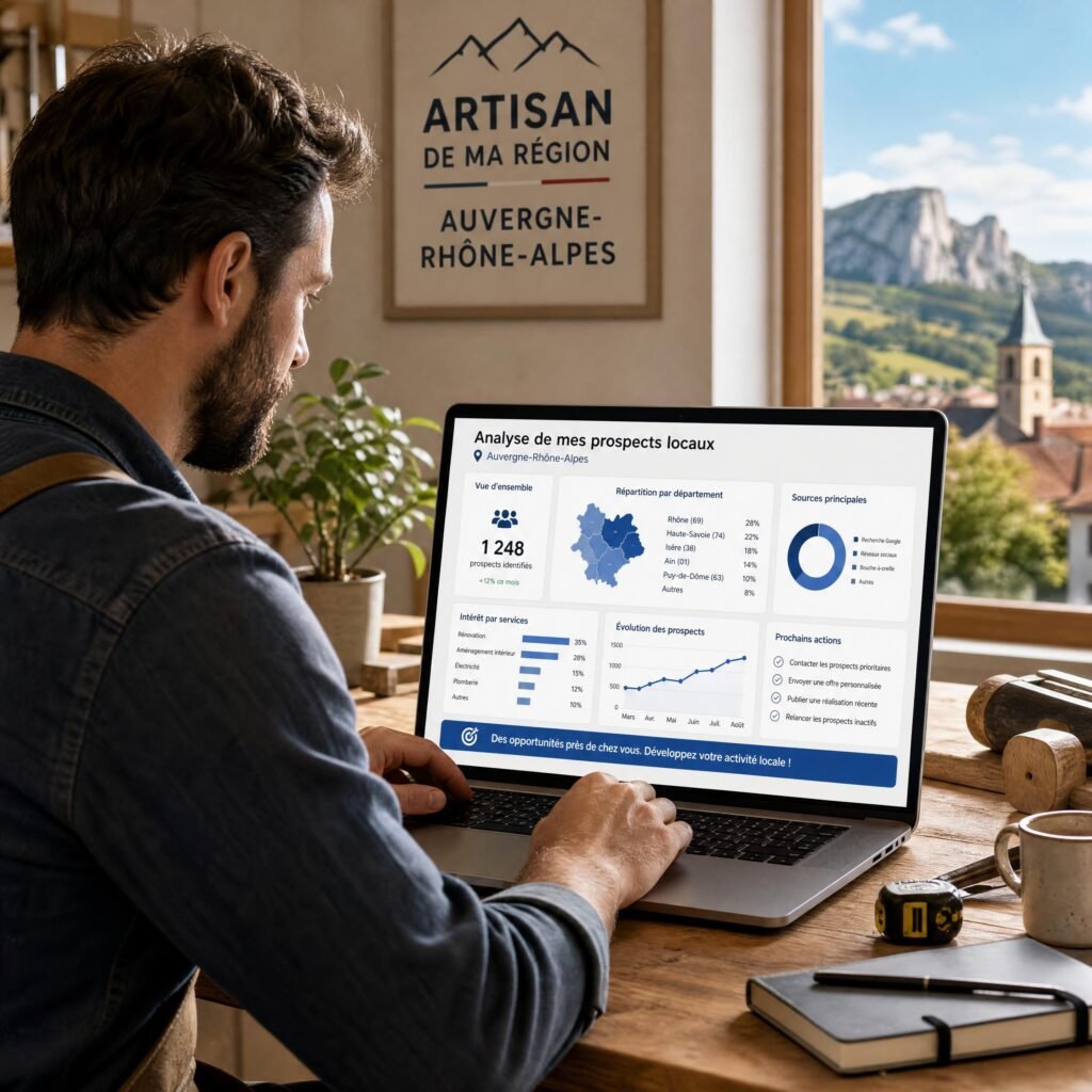 Artisan de la région Auvergne-Rhône-Alpes analysant ses prospects locaux sur un ordinateur portable