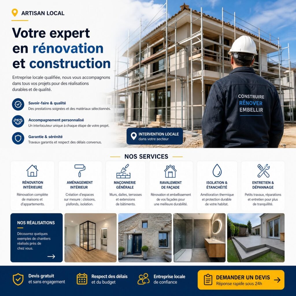 Fiche professionnelle locale optimisée avec photos de chantier, services et bouton de demande de devis