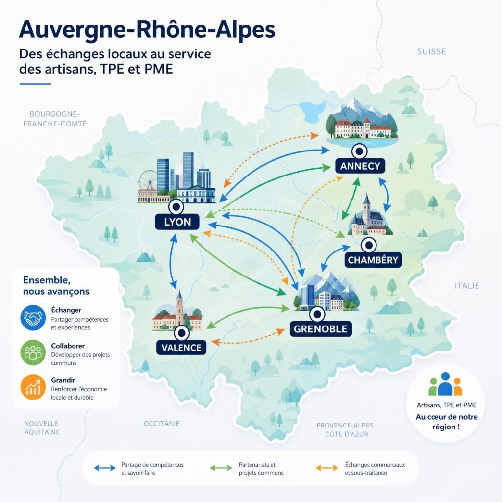 Carte de la région Auvergne-Rhône-Alpes montrant les échanges entre artisans, TPE et PME de Lyon, Grenoble, Chambéry, Annecy et Valence