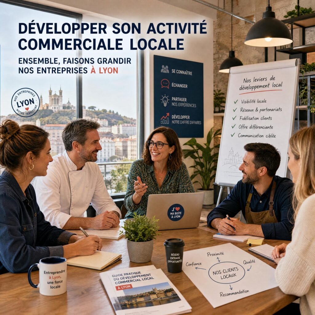 Artisans et dirigeants de TPE réunis dans un espace de travail à Lyon, échangeant autour de leur développement commercial local