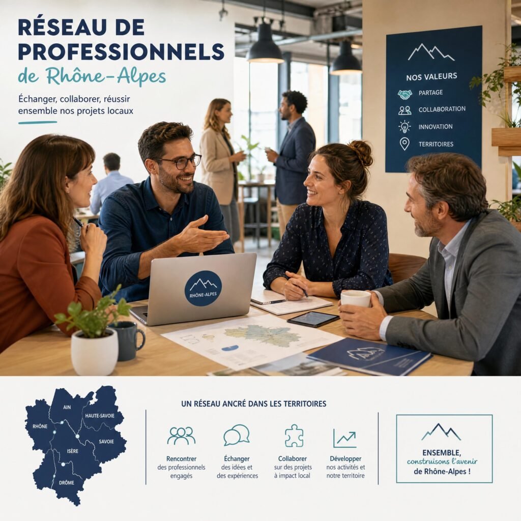 Réseau de professionnels de Rhône-Alpes échangeant autour de projets locaux dans un espace de travail