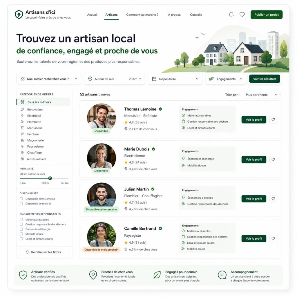 Interface sobre d’une plateforme locale affichant des artisans classés par métier, proximité, disponibilité et engagements responsables