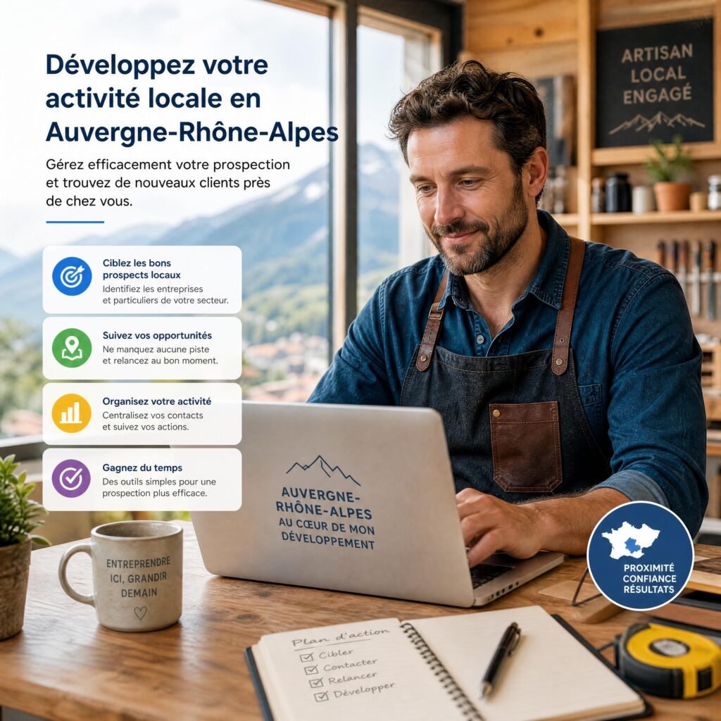 Artisan ou dirigeant de TPE en Auvergne-Rhône-Alpes utilisant un ordinateur portable pour gérer sa prospection locale