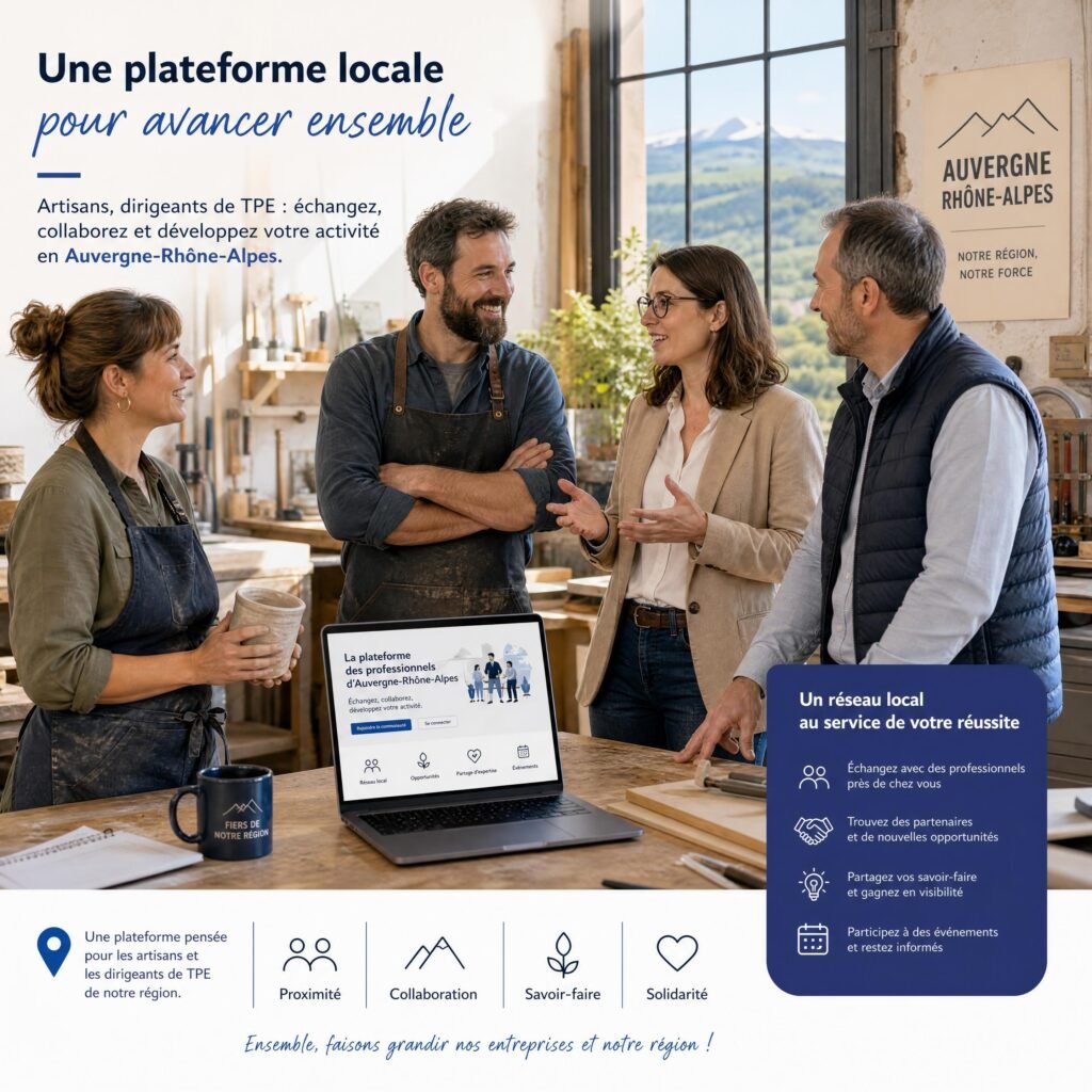 Artisans et dirigeants de TPE échangeant dans un atelier en Auvergne-Rhône-Alpes autour d’une plateforme professionnelle locale