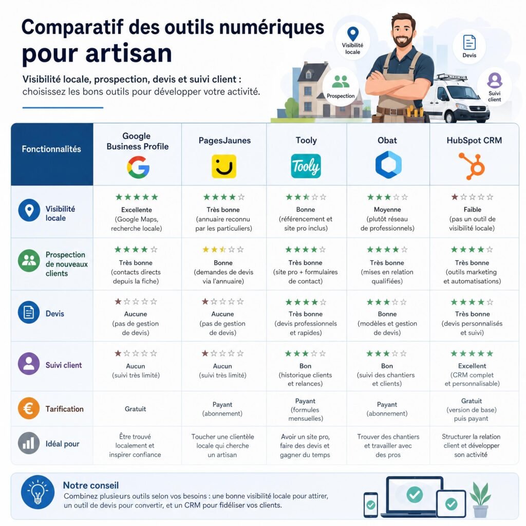 Tableau comparatif des outils numériques pour artisan avec visibilité locale, prospection, devis et suivi client