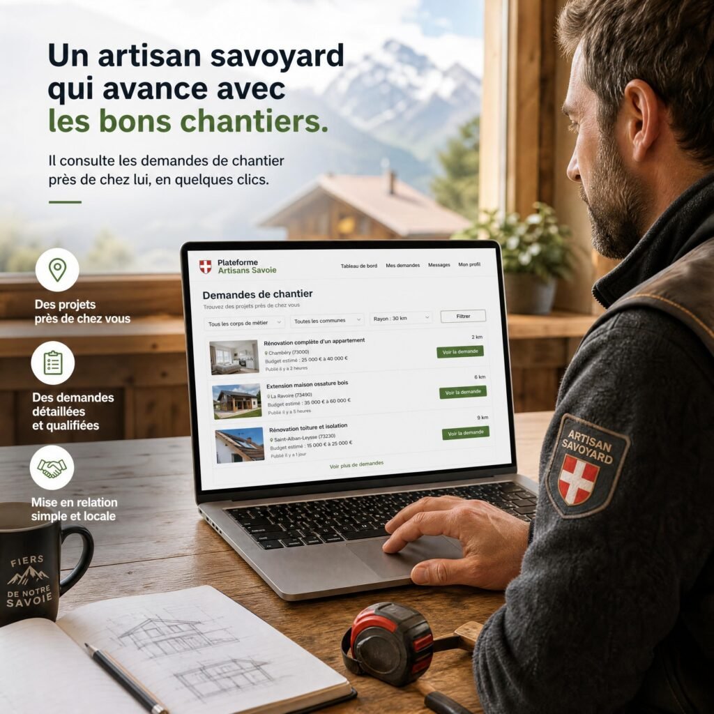 Artisan savoyard consultant ses demandes de chantier sur une plateforme professionnelle locale