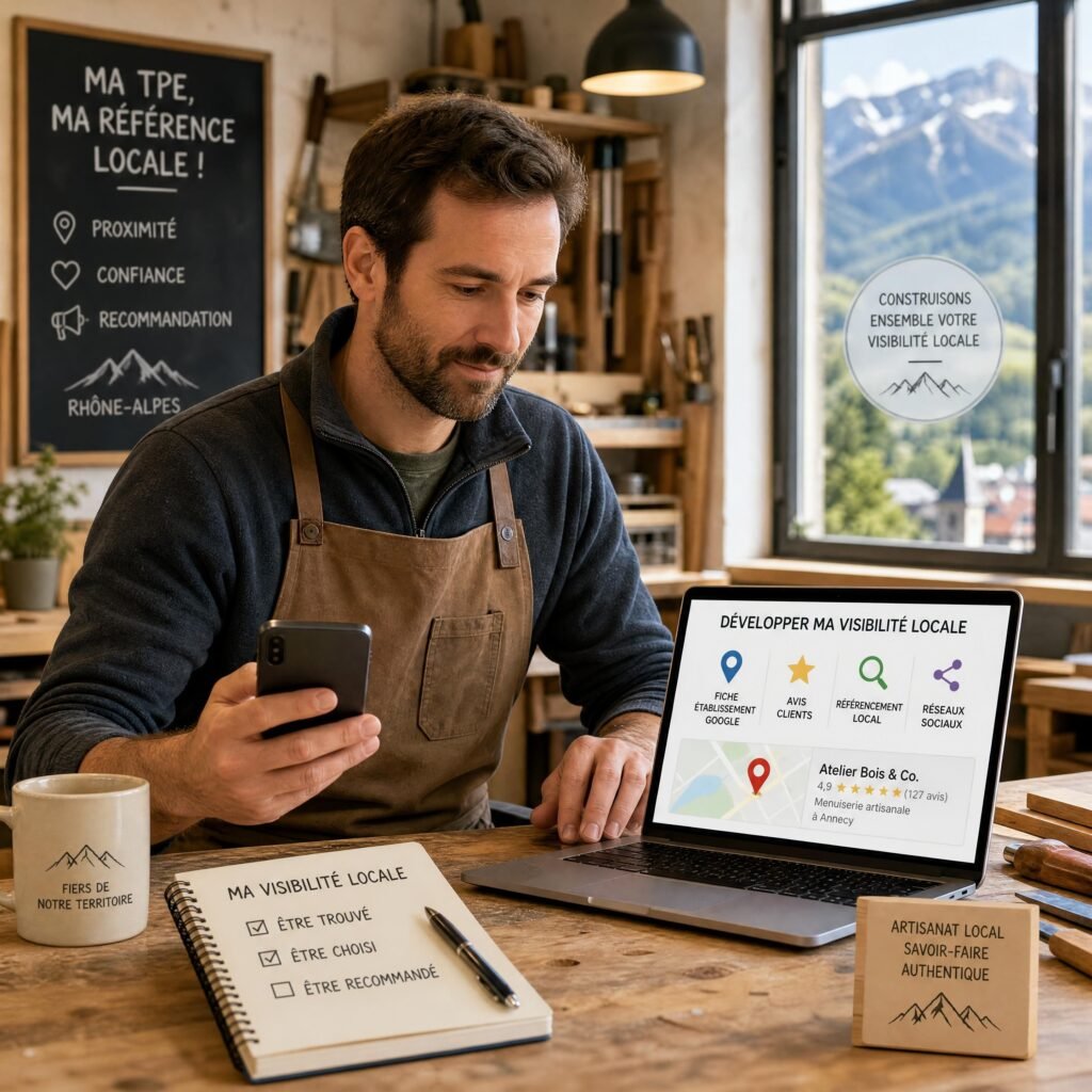 Artisan ou dirigeant de TPE travaillant sur sa visibilité locale dans un atelier de Rhône-Alpes