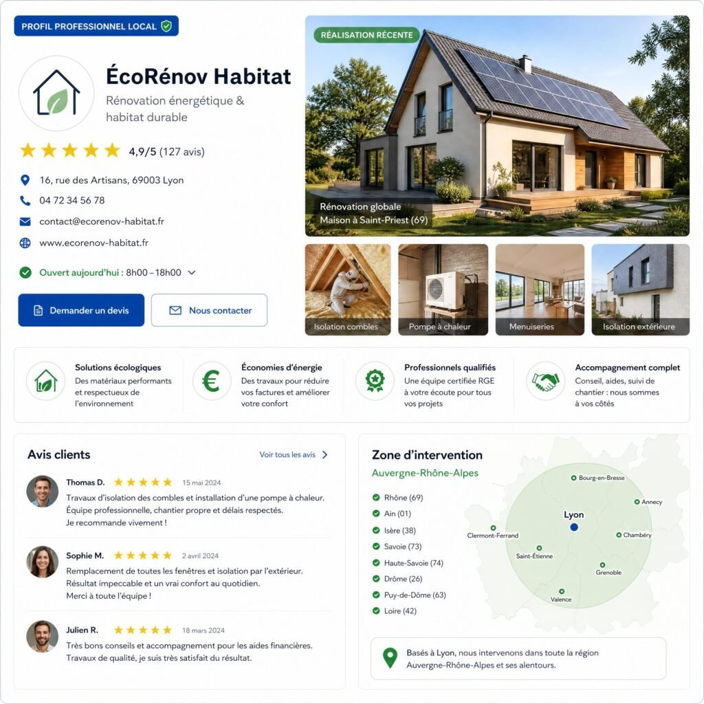 Exemple de profil professionnel local complet avec photos, avis clients et zone d’intervention en Auvergne-Rhône-Alpes