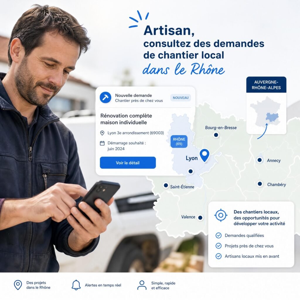 Artisan consultant depuis son smartphone une demande de chantier local dans le Rhône, avec des repères sur une carte d’Auvergne-Rhône-Alpes