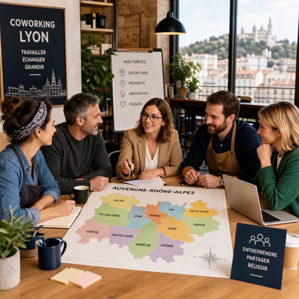 Artisans et dirigeants de TPE réunis autour d’une table dans un espace de coworking à Lyon, avec une carte de la région Auvergne-Rhône-Alpes