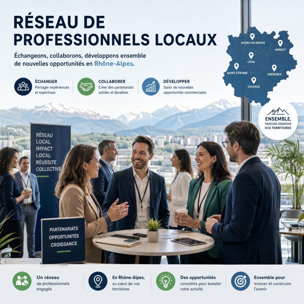 Réseau de professionnels locaux échangeant autour de partenariats et d’opportunités commerciales en Rhône-Alpes