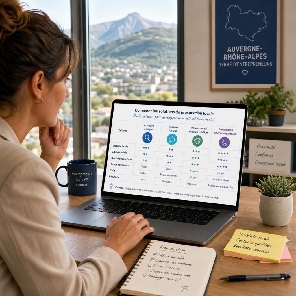 Dirigeante d’une TPE comparant différentes solutions de prospection locale sur son ordinateur dans un bureau en Auvergne-Rhône-Alpes
