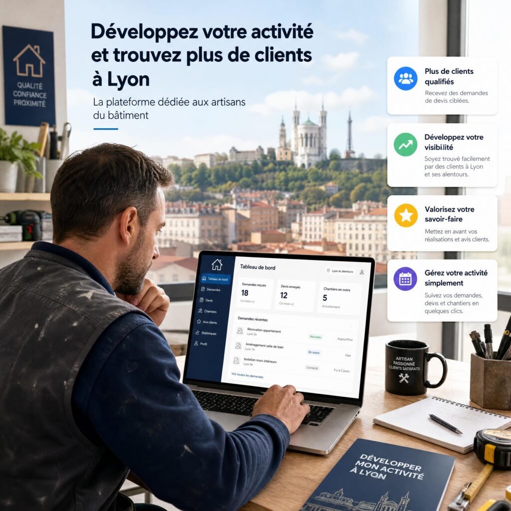 Artisan du bâtiment consultant une plateforme numérique pour développer sa clientèle à Lyon