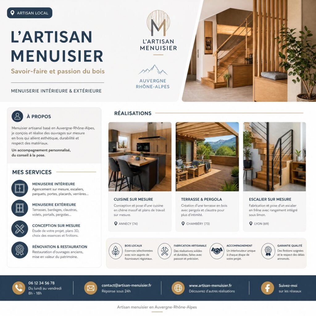 Exemple de fiche professionnelle locale présentant les services et réalisations d’un artisan en Auvergne-Rhône-Alpes
