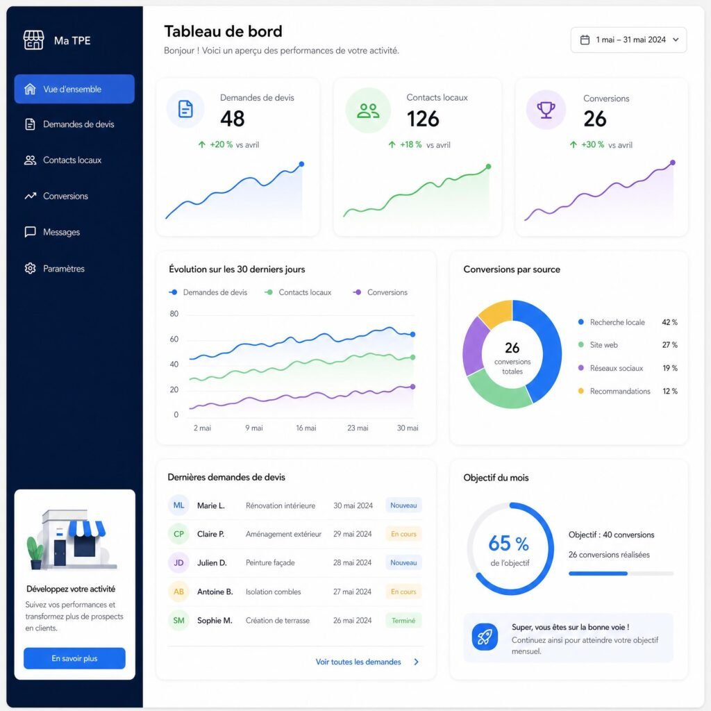 Tableau de bord simple montrant les demandes de devis, les contacts locaux et les conversions d’une TPE