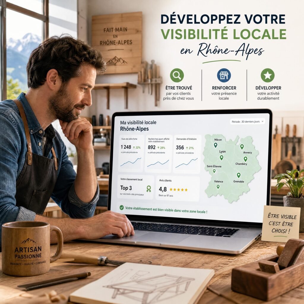 Artisan indépendant travaillant dans son atelier avec un ordinateur affichant sa visibilité locale en Rhône-Alpes