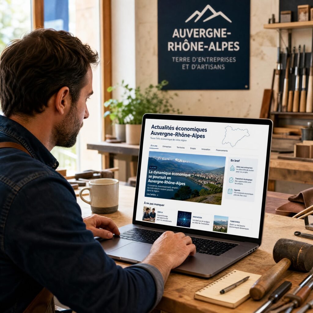 Artisan d’Auvergne-Rhône-Alpes consultant les actualités économiques locales sur son ordinateur dans son atelier