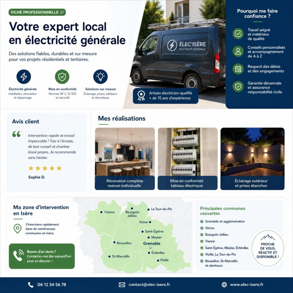 Exemple de fiche professionnelle optimisée avec avis client, photos de réalisation et zone d’intervention en Isère