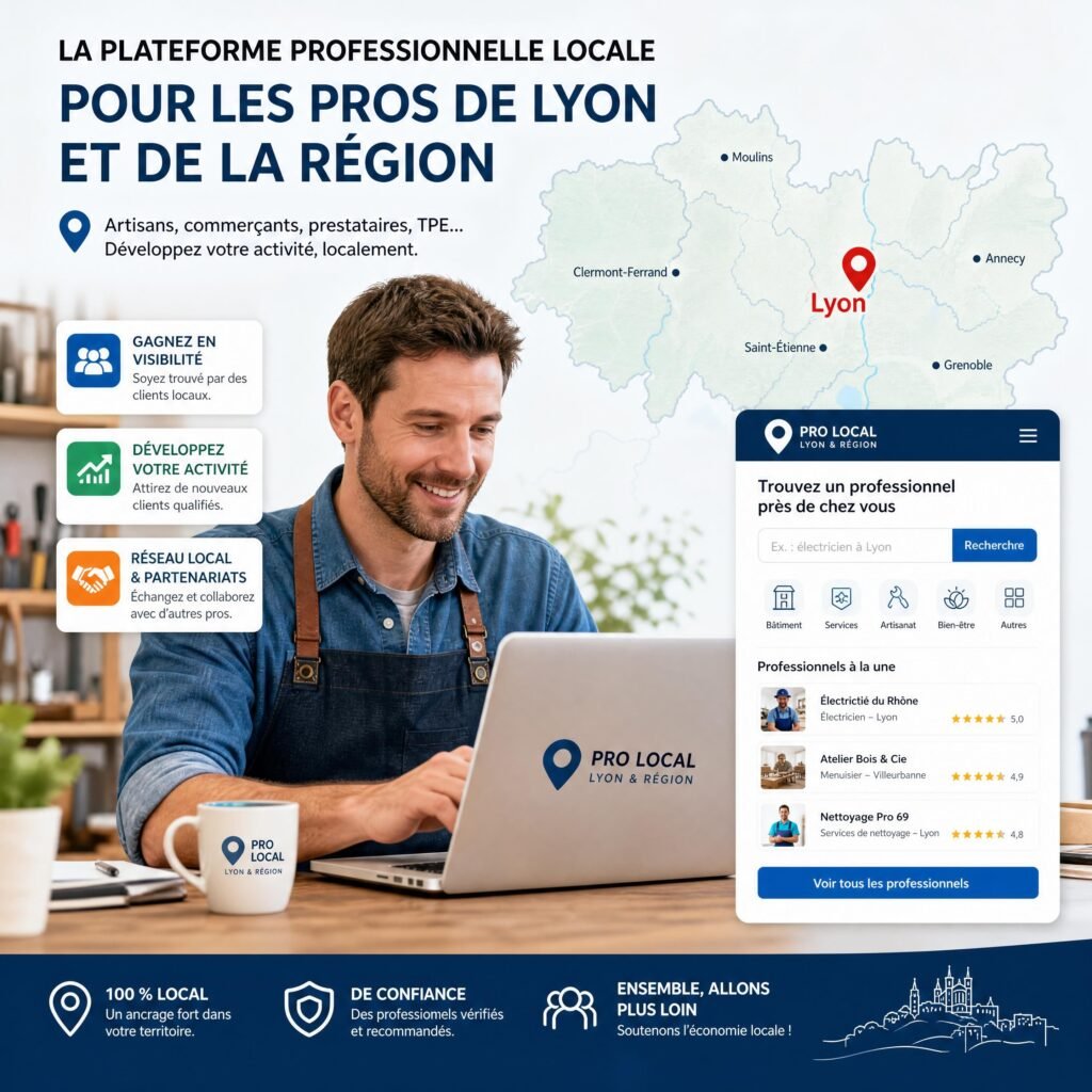 Artisan ou dirigeant de TPE utilisant une plateforme professionnelle locale à Lyon avec une carte de la région Auvergne-Rhône-Alpes en arrière-plan